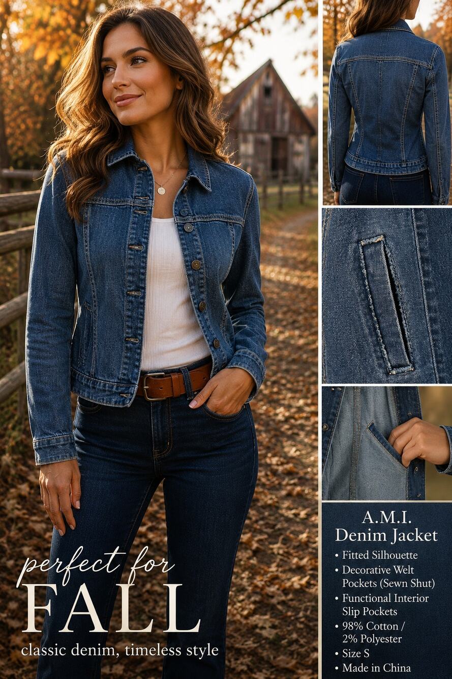 A.M.I. Womens Small Denim Jacket Fitted Dark Wash Y2K Contrast Stitch Jean Coat